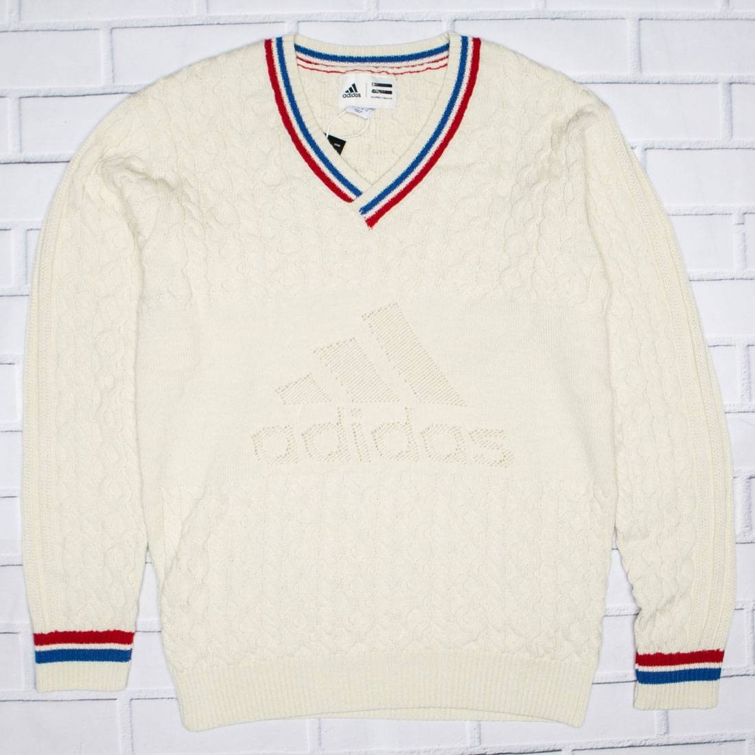 Adidas x Pharrell Williams Men NY Cable V-Neck Sweater (white / chalk white / blue / scarlet)